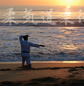 Man doing jujitsu in front of a beach line